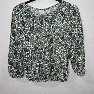 Loft Floral  Pattern Blouse Green and White Womens Long Sleeve Size XS.
